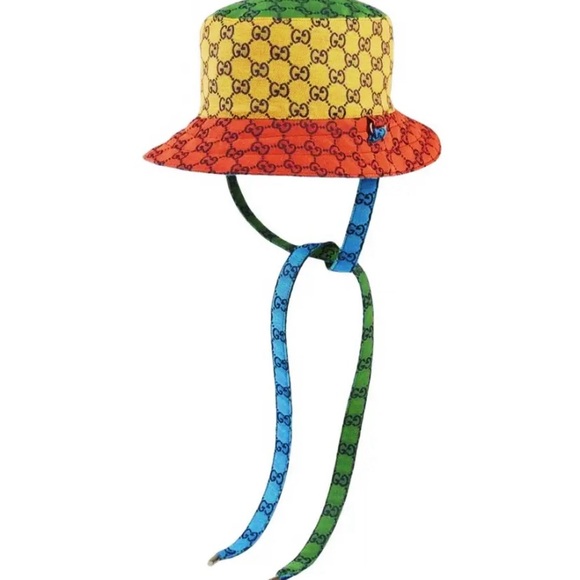 Gucci GG Straps Monogram Bucket Hat Multi-Color Reversible w Leather Logo Patch - Picture 5 of 12